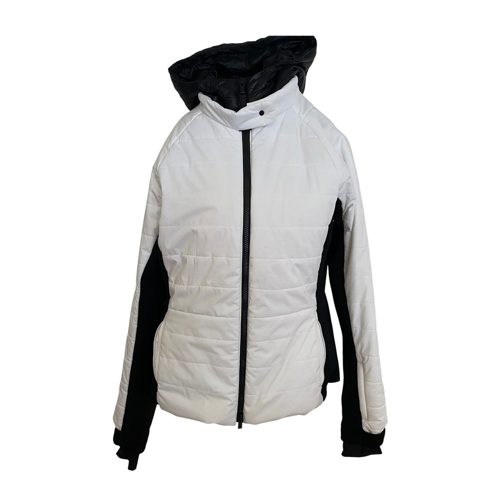 Athleta Grace Peak Puffer Jacket White Black Hooded Zip Up Womens L missing belt
